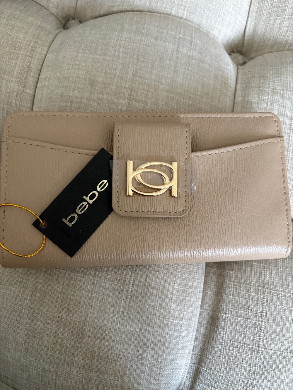 bebe Beige Leather Wallet with Gold Hardware